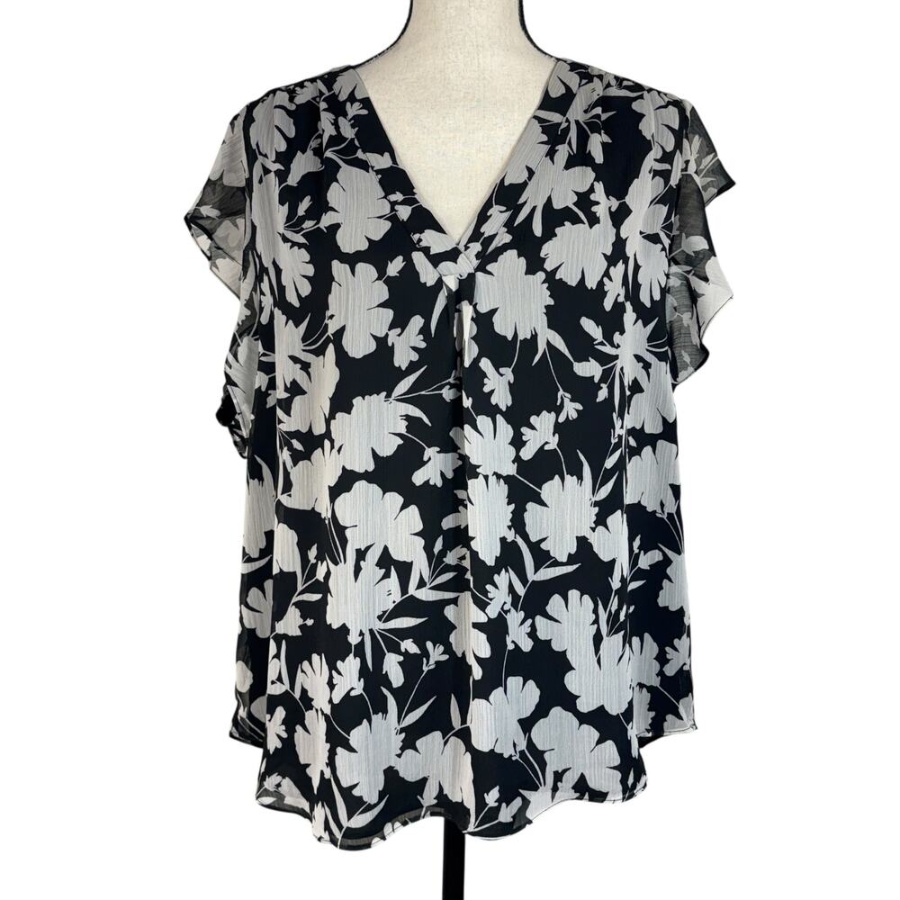 Vince Camuto X-Large Top Floral V-Neck Lined Flutter Cap Sleeve Pullover Pleated